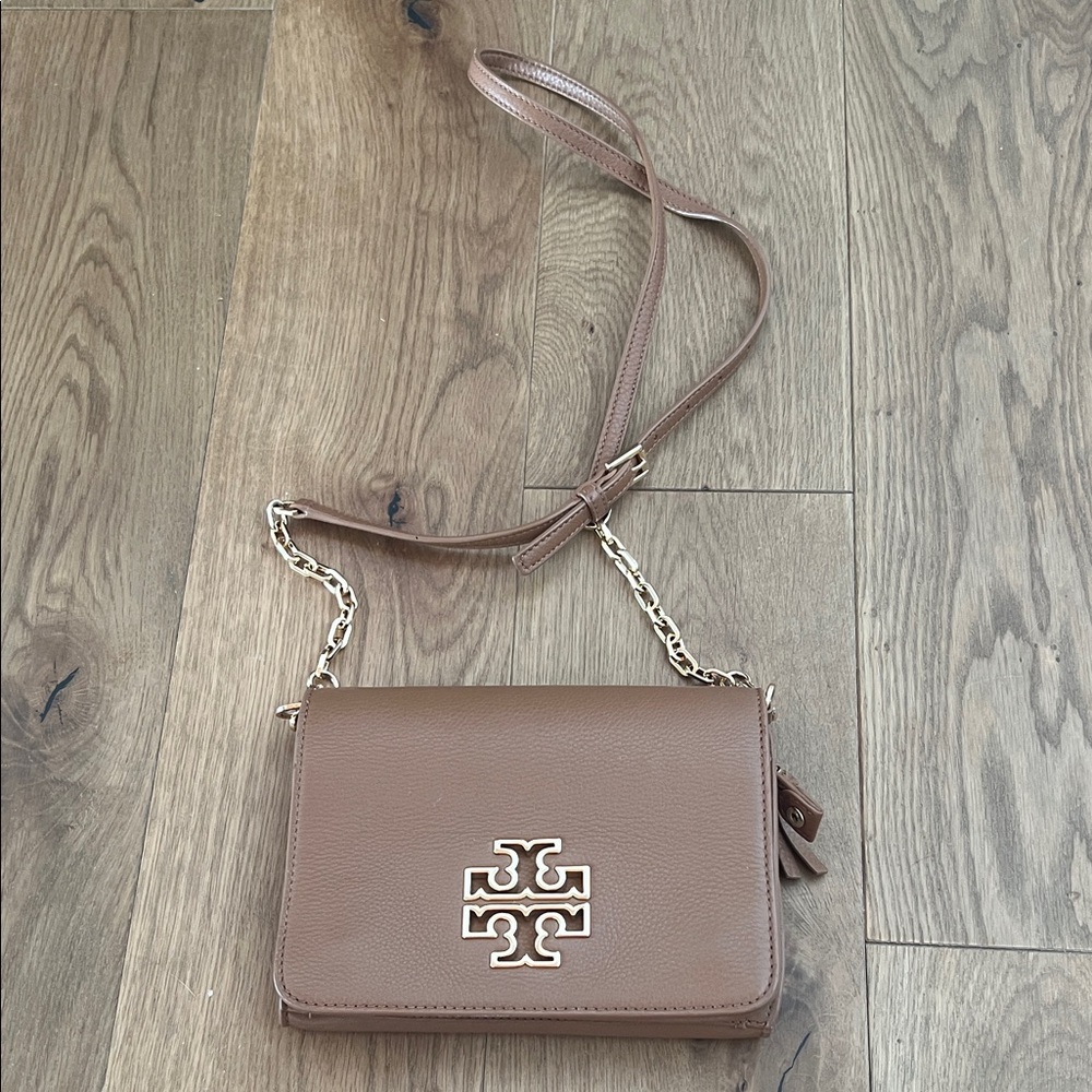 Tory Burch Brown Leather Crossbody with Gold Logo
